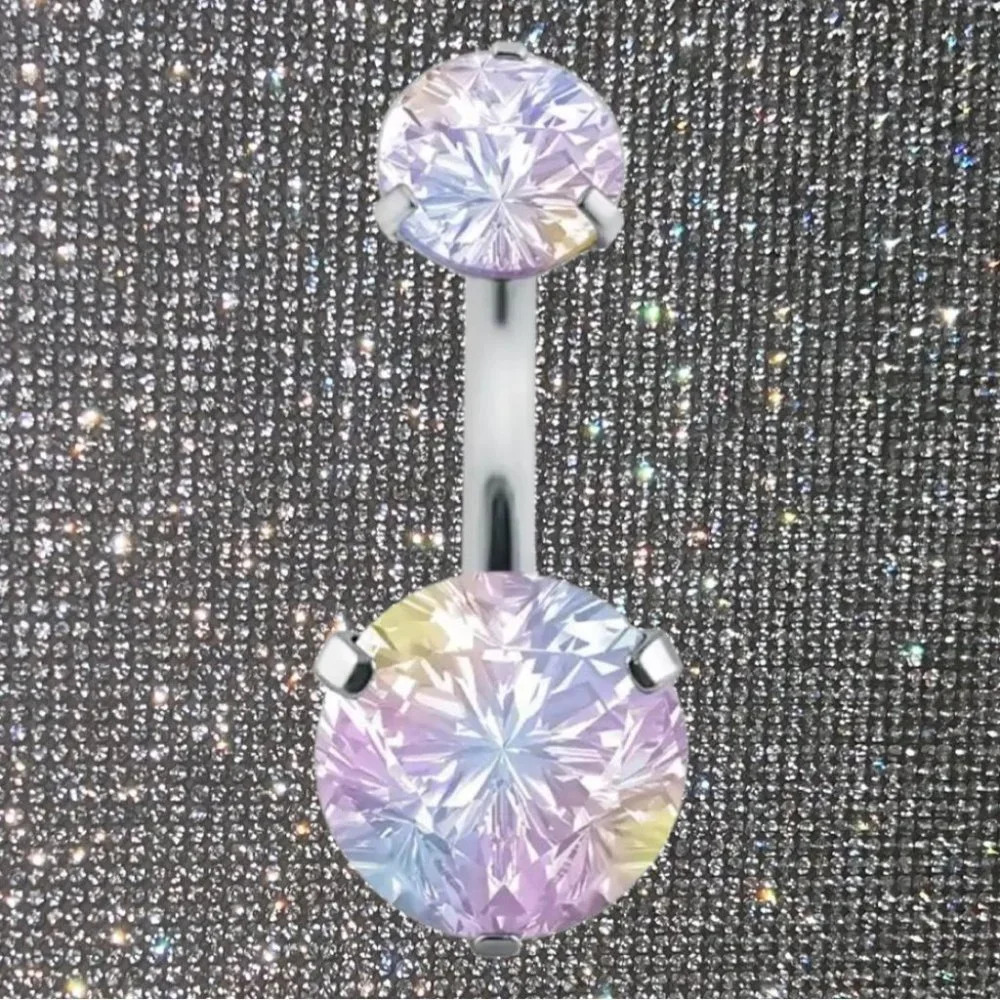 Belly ring stainless steel screw on holographic silver rhinestone bling diamond